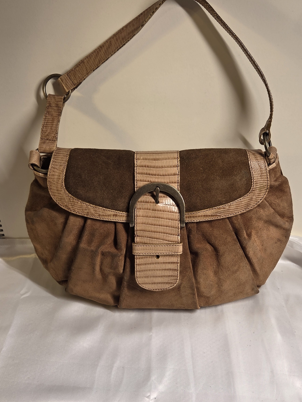 Brahmin Two Tone Suede Shoulder Bag with Buckle Detail